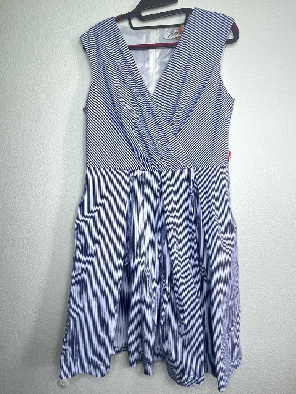 Chetta B Blue & White Striped Sleeveless Wrap Dress